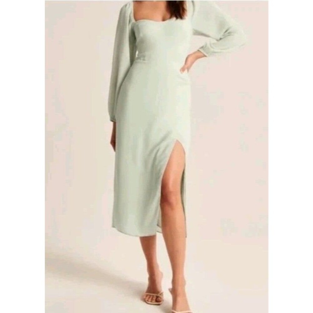 Abercrombie & Fitch Green Sweetheart Long Sleeve Slit Midi Dress Medium Draped